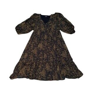 Mittoshop Dark Floral Midi Tiered Dress Balloon Sleeves Shimmer Gold Dark Small